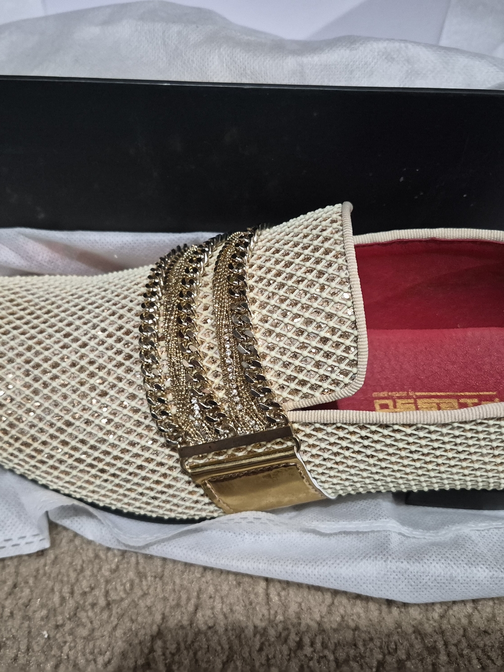 Embellished Cream Slip-On Loafer with Gold Chain Detail